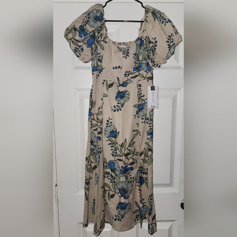 Tulip Creation Floral Blue and Green Puffy Sleeve Dress Size M
